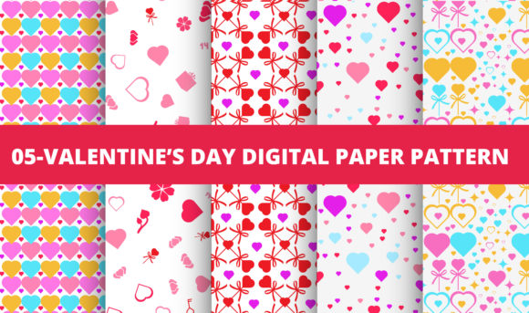 Valentine and Set of Vector Valentine’s Day Seamless Patterns in Red, Pink and White